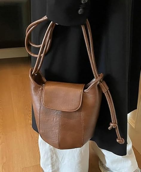 Borsa a tracolla a secchiello retrò - Borsa a tracolla da donna in pelle PU con coulisse, borsa casual alla moda con tracolla regolabile