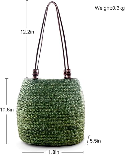 Borsa a secchiello retrò da donna in paglia intrecciata a mano in rattan, borsa da spiaggia a tracolla con perline marroni
