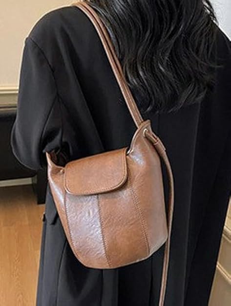 Borsa a tracolla a secchiello retrò - Borsa a tracolla da donna in pelle PU con coulisse, borsa casual alla moda con tracolla regolabile