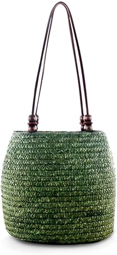 Borsa a secchiello retrò da donna in paglia intrecciata a mano in rattan, borsa da spiaggia a tracolla con perline marroni