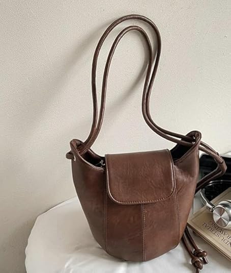 Borsa a tracolla a secchiello retrò - Borsa a tracolla da donna in pelle PU con coulisse, borsa casual alla moda con tracolla regolabile
