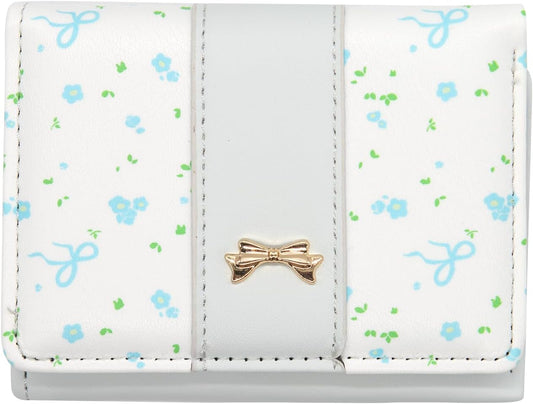 Portafoglio piccolo da donna con fiocco floreale, grazioso portafoglio a tre ante in pelle con porta carte e finestra per documento d'identità.