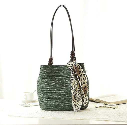 Borsa a secchiello retrò da donna in paglia intrecciata a mano in rattan, borsa da spiaggia a tracolla con perline marroni