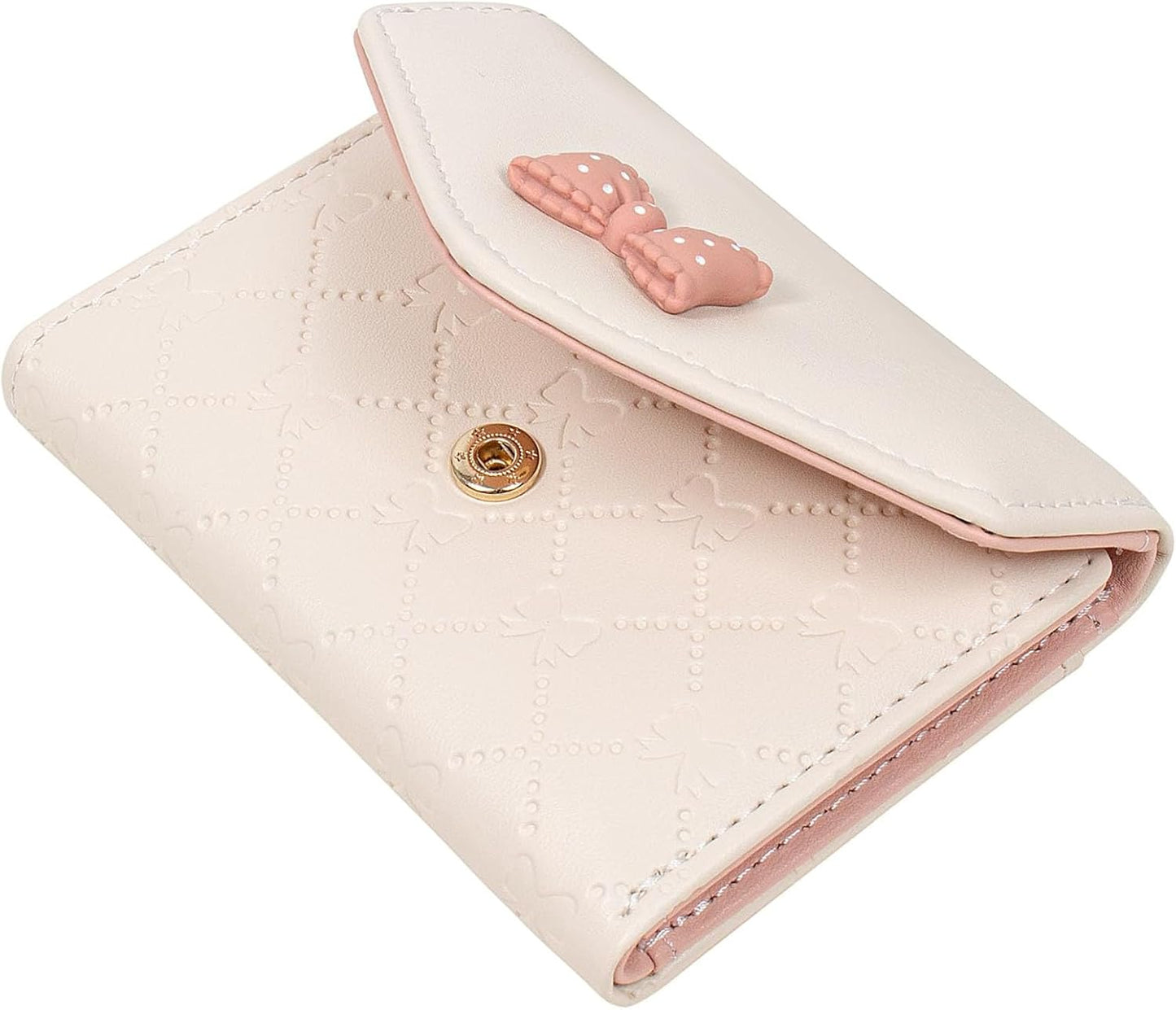 Portafoglio da donna/ragazza con grazioso fiocco, portafoglio a tre ante in pelle, piccolo, sottile e corto, porta carte di credito.