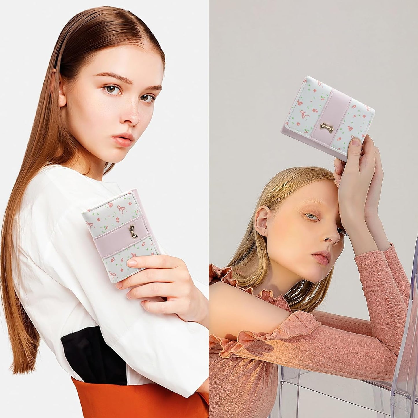Portafoglio piccolo da donna con fiocco floreale, grazioso portafoglio a tre ante in pelle con porta carte e finestra per documento d'identità.