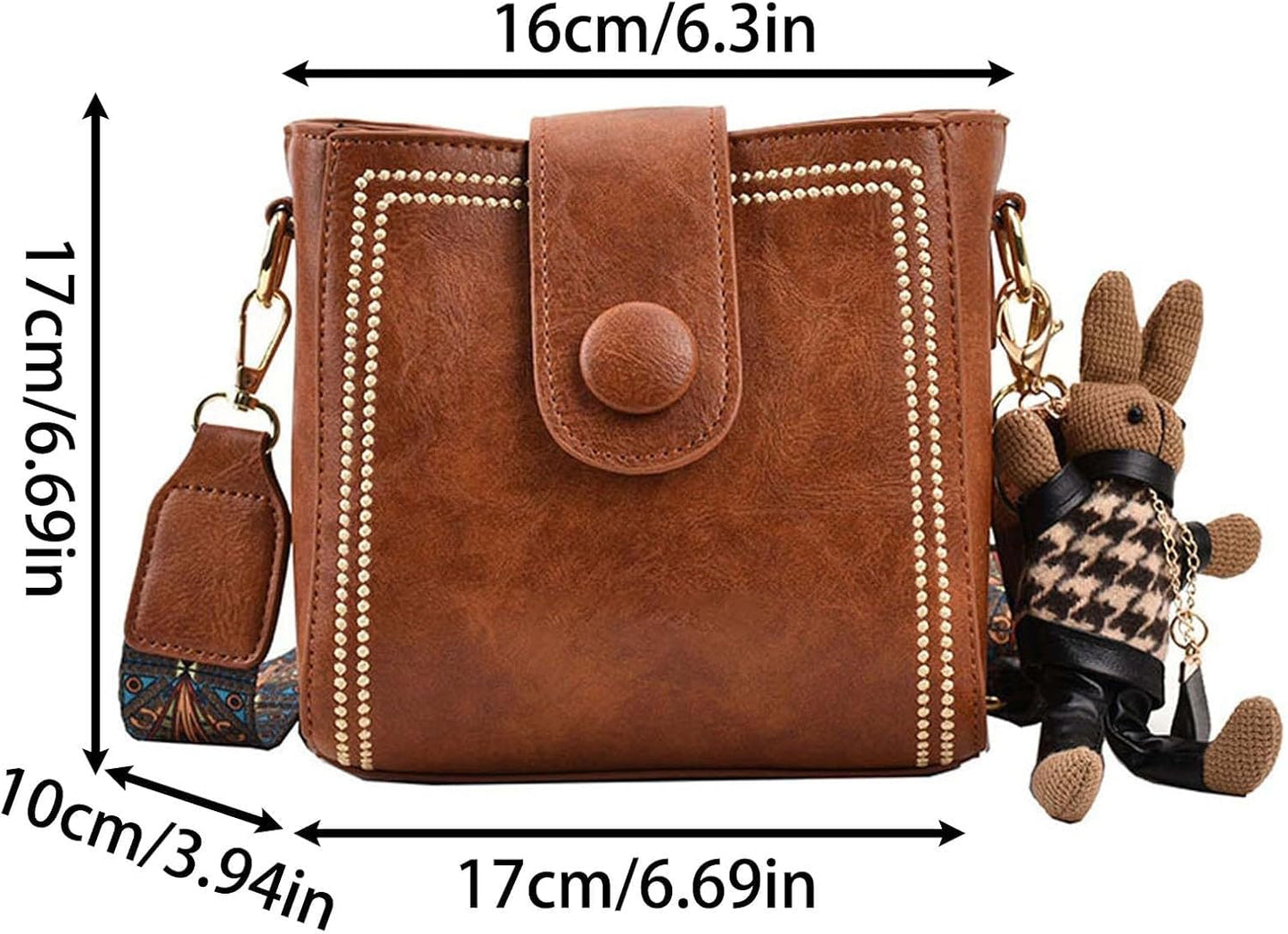 Borsa a secchiello retrò di piccole dimensioni, borsa vintage alla moda con tracolla regolabile più ampia.