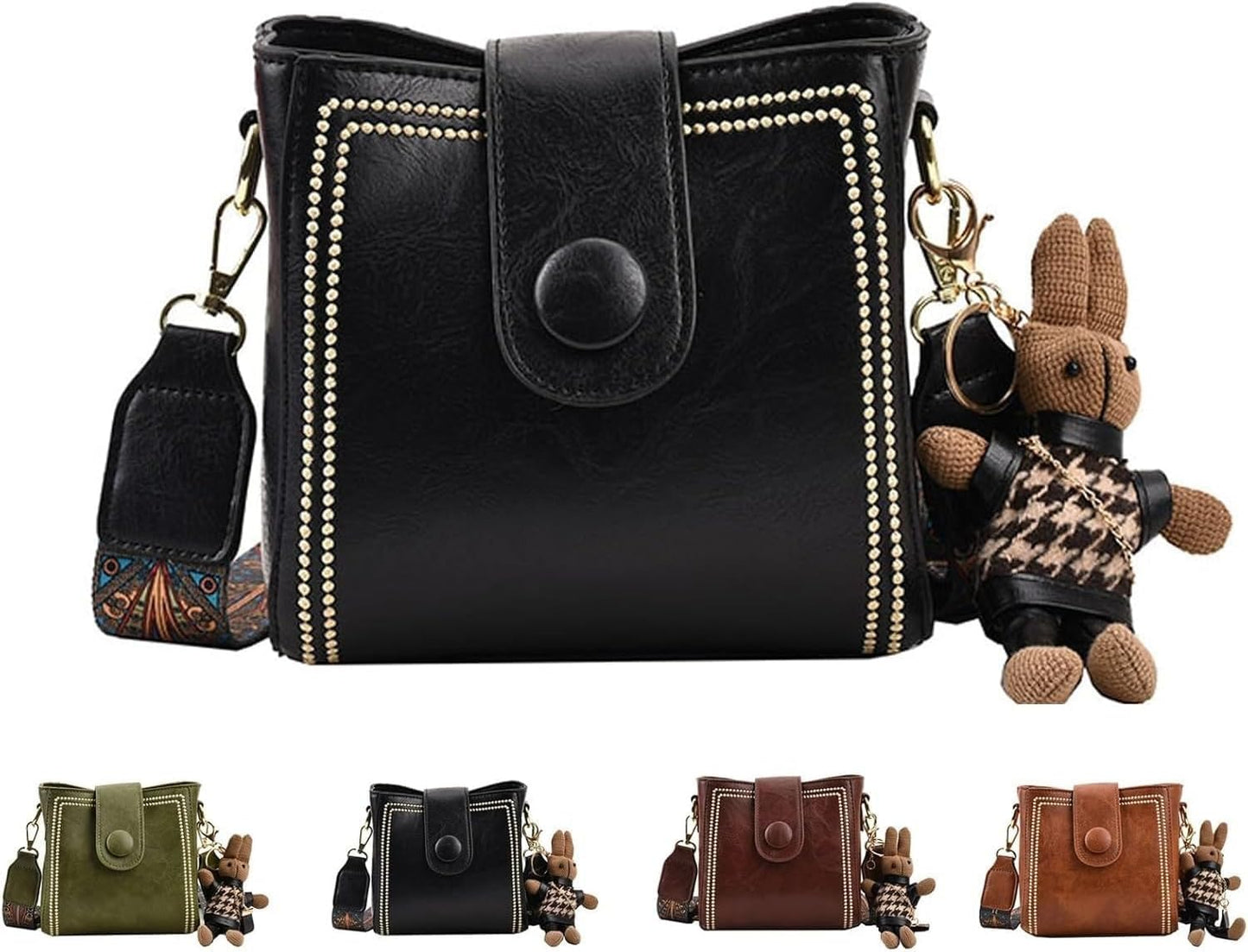 Borsa a secchiello retrò di piccole dimensioni, borsa vintage alla moda con tracolla regolabile più ampia.