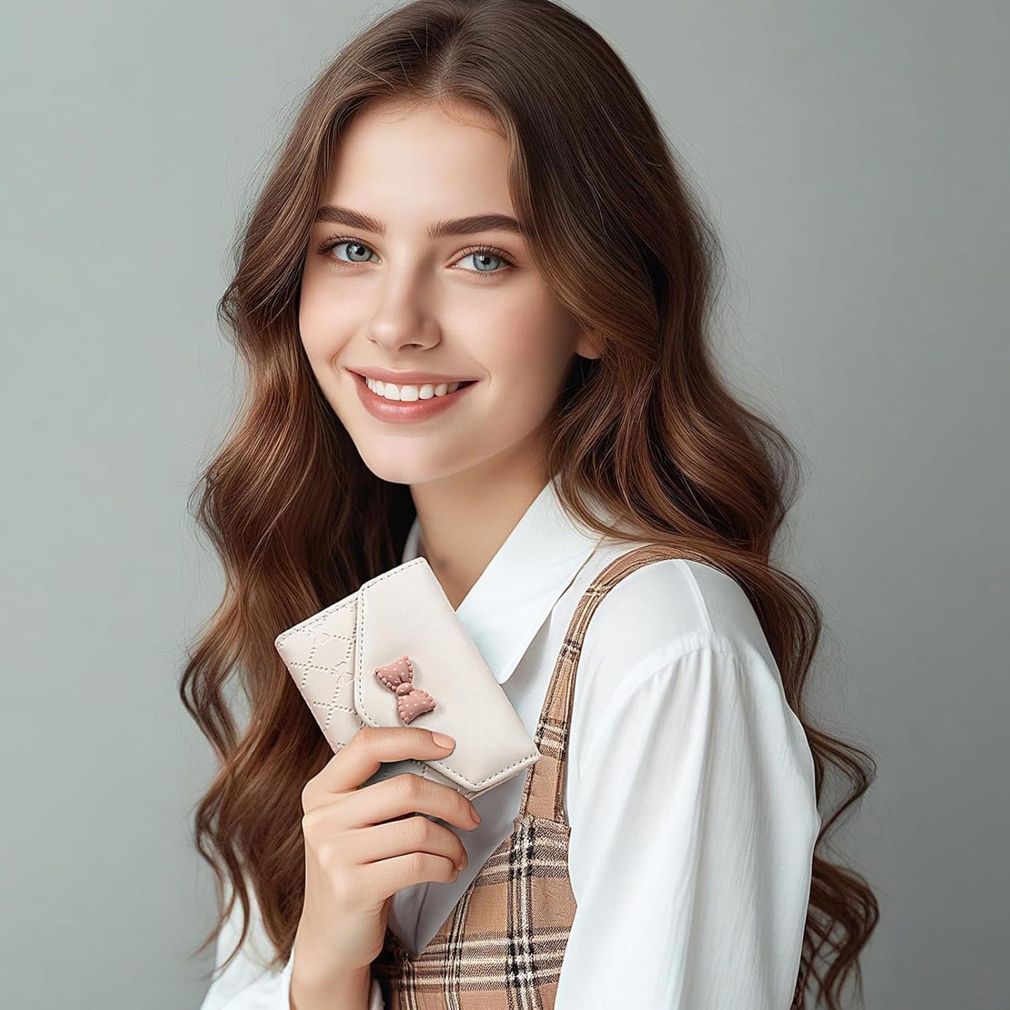 Portafoglio da donna/ragazza con grazioso fiocco, portafoglio a tre ante in pelle, piccolo, sottile e corto, porta carte di credito.