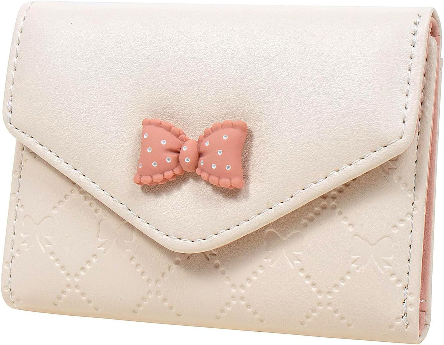 Portafoglio da donna/ragazza con grazioso fiocco, portafoglio a tre ante in pelle, piccolo, sottile e corto, porta carte di credito.