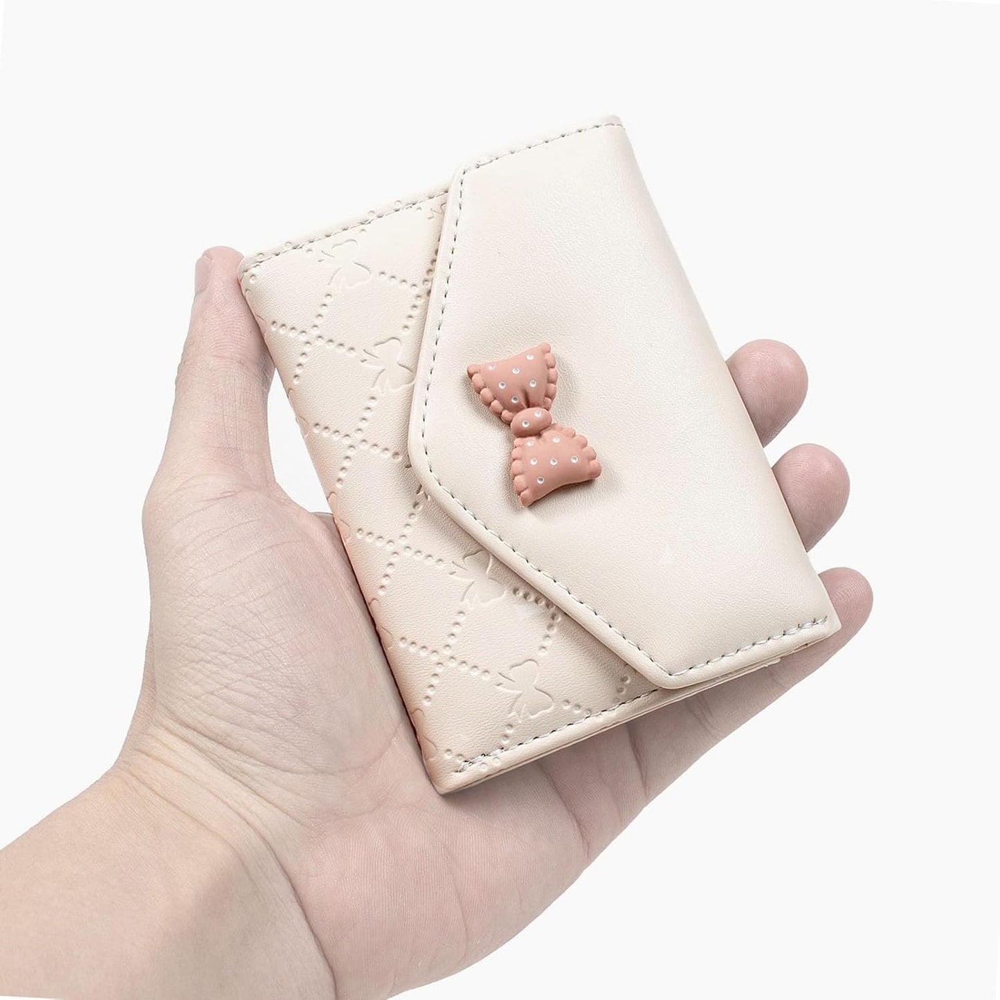 Portafoglio da donna/ragazza con grazioso fiocco, portafoglio a tre ante in pelle, piccolo, sottile e corto, porta carte di credito.