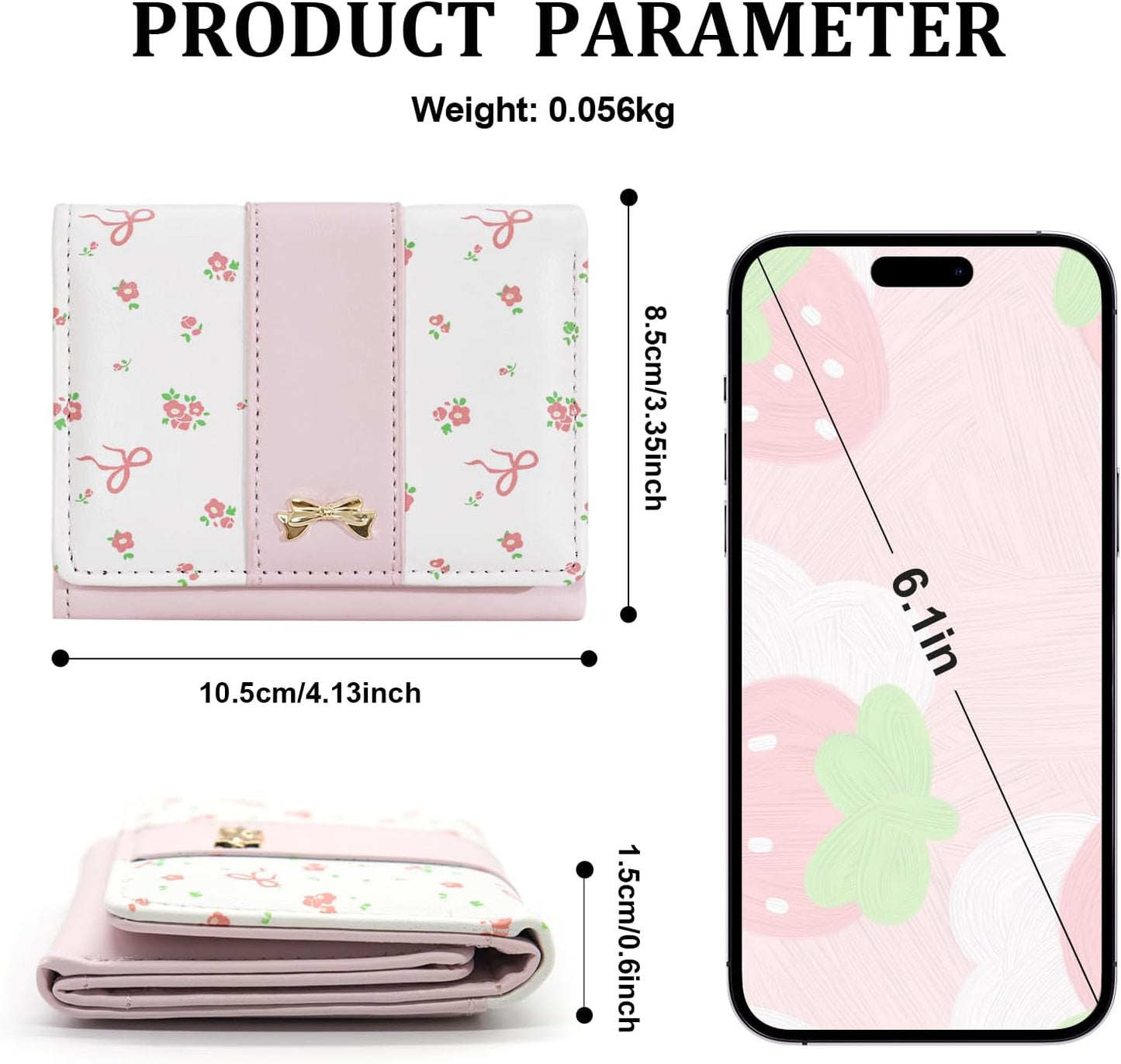 Portafoglio piccolo da donna con fiocco floreale, grazioso portafoglio a tre ante in pelle con porta carte e finestra per documento d'identità.